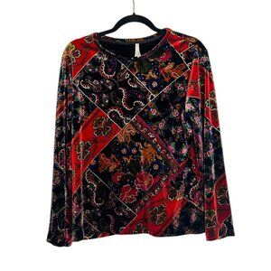 White Stag Velvet Floral Patchwork Top • Gold Trim Long Sleeve • L Colorful